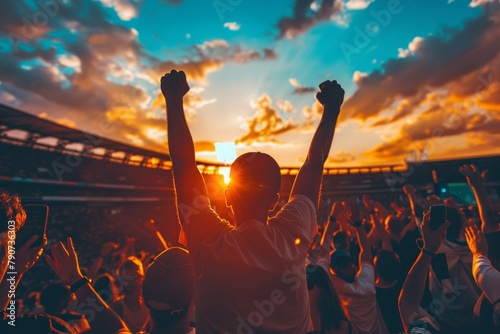 summer sunset. Sport fans are celebrate a win on the football stadion. Euro 2024 in Germany