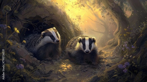 A pair of badgers coming out of their burrow at dusk