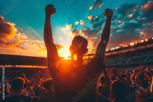 summer sunset. Sport fans are celebrate a win on the football stadion. Euro 2024 in Germany photo