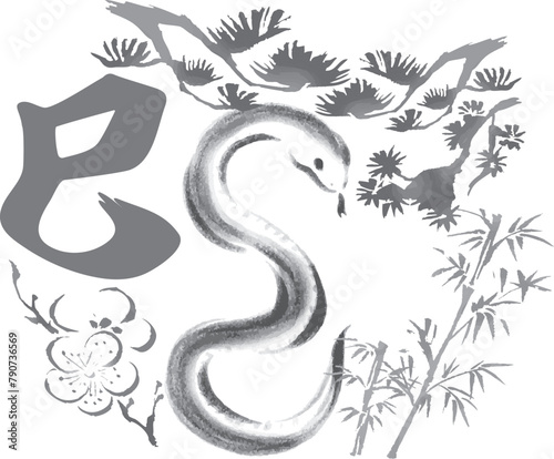 年賀状素材　年賀2025　巳年　巳　蛇　へび　ヘビ　墨絵　水墨画　日本画　水彩　筆文字　イラスト素材