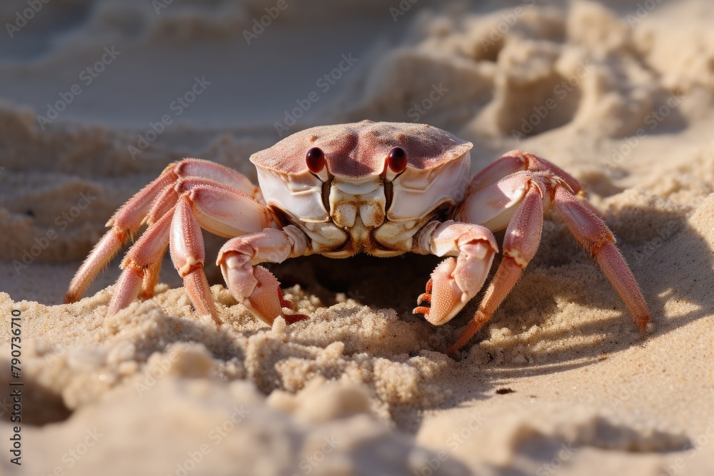 A crab camouflaged in the sand waiting for prey.