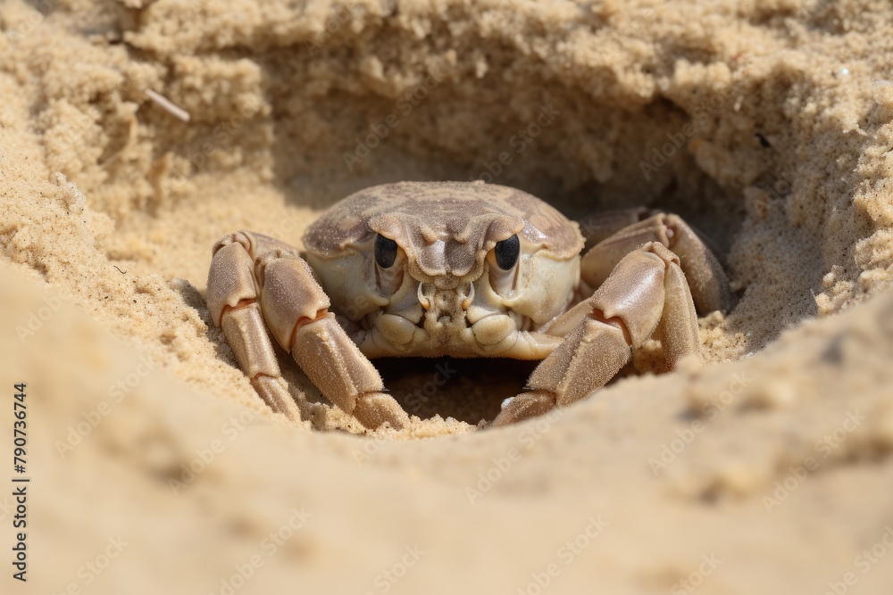A crab camouflaged in the sand waiting for prey.