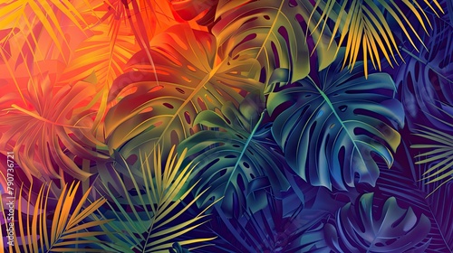 Seamless pattern of tropical leaves against a bright sunset gradient