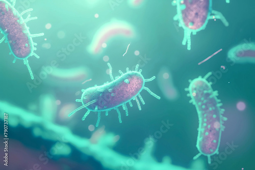 illustration of a prokaryotic microorganism, parasite bacteria, bacillus or bacterium under the microscope, epidemiology, public health © Echelon IMG
