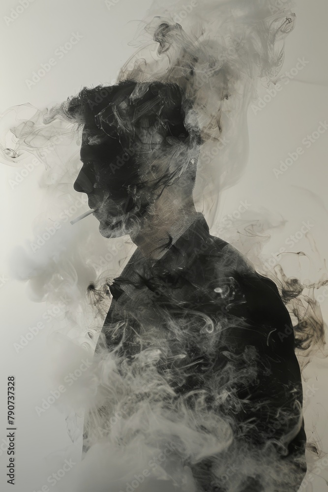Misty figures and man with cigarette in swirling mist, mysterious and atmospheric concept