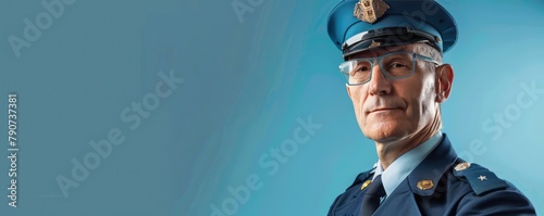 police officer in full uniform exudes authority and professionalism against blue backdrop. banner