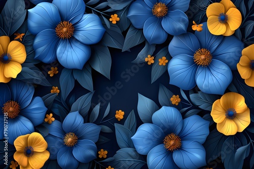 Blue and Yellow Flowers With Leaves on a Black Background. Generative AI
