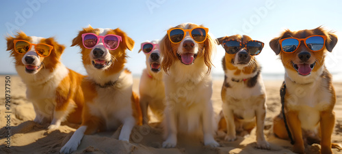 A Pack of Stylish Dogs Wearing Sunglasses on a Sunny Beach Day