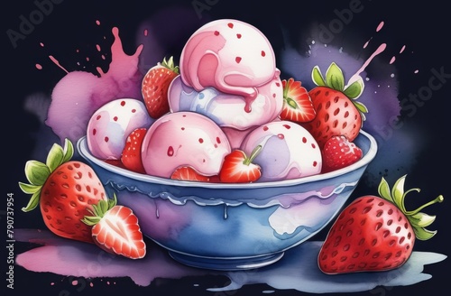Strawberry ice cream in bowl on dark background