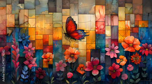 Abstract Garden Mosaic: Watercolor Scene Transforms Nature into Cubist Complexity #790738382