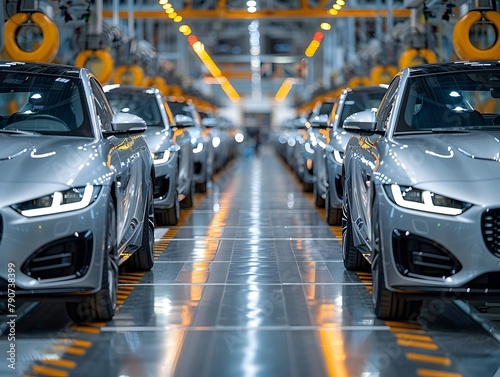 Gleaming Electric Vehicles Bathed in Sunlight at Modern Car Assembly Plant