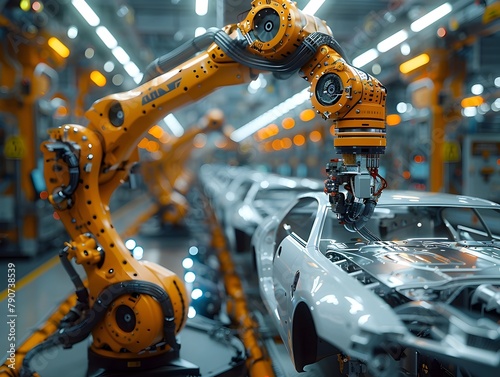 Robotic Arms Gracefully Choreographing the Electric Car Assembly Line in a High Tech Manufacturing Facility photo