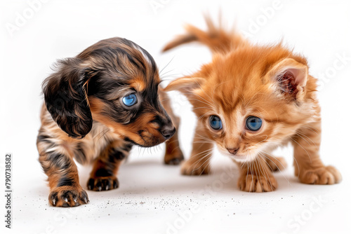 Unlikely friends: Kitten & Dachshund pup in playful portrait.