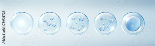 Blue molecule inside bubble, Collagen serum, cosmetic liquid, oil bubble, with clipping path 3d illustration. © Anusorn