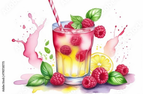 Lemonade with raspberries and basil in glass, watercolor style