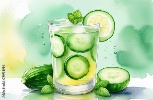 Lemonade with cucumber and mint in watercolor style