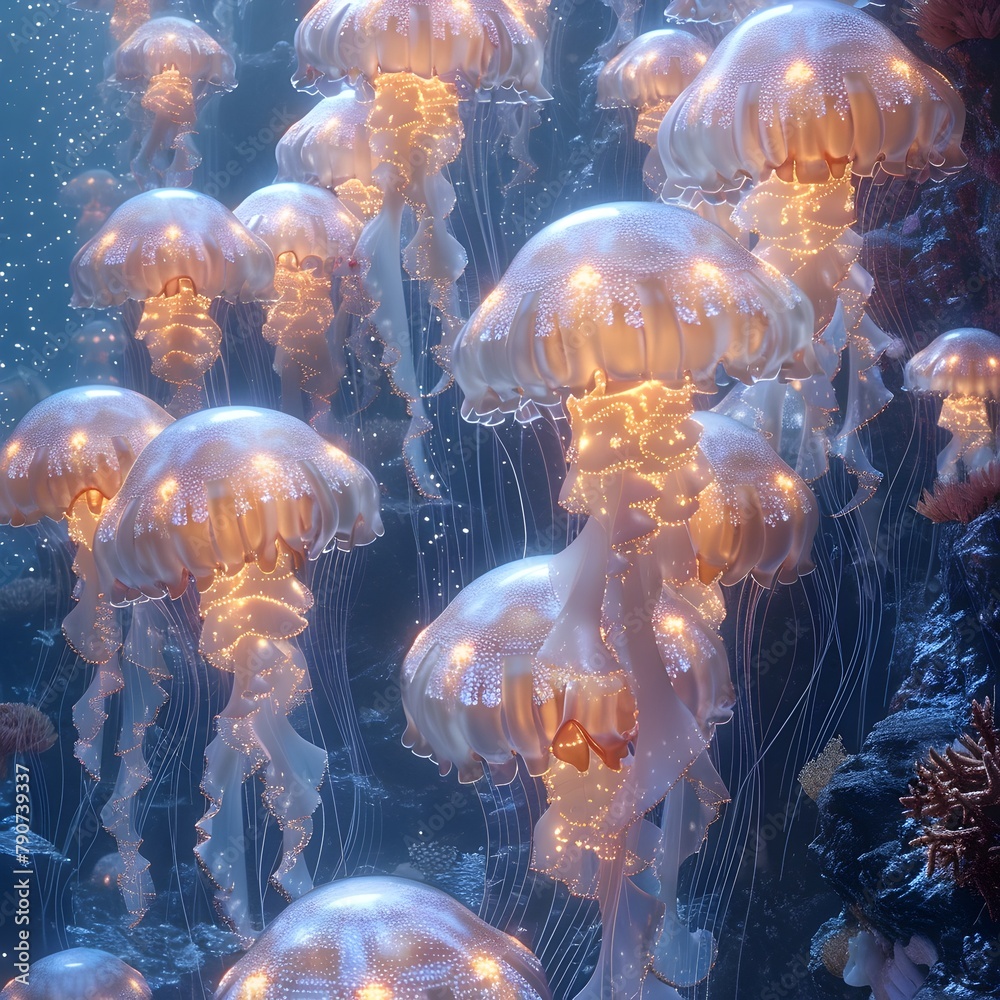 Ethereal Bioluminescent Jellyfish Drifting Through a Coral Reef in the ...