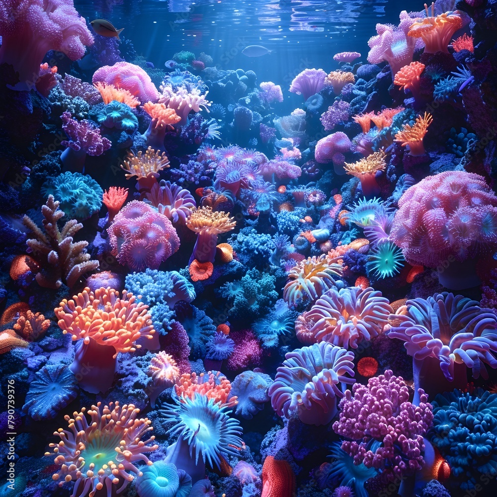 Naklejka premium Mesmerizing Underwater Realm A Vibrant Coral Reef Teeming with Bioluminescent Wonders and Captivating Marine Life