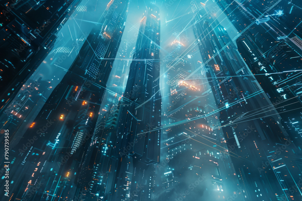 Obraz premium A sleek, futuristic cityscape with shimmering skyscrapers reaching towards a digital sky for technology background