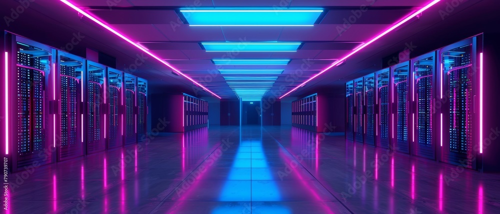 Fototapeta premium An illustration depicting a data center with multiple rows of fully functional servers. Concept of telecommunications, artificial intelligence, and supercomputers.