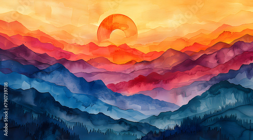 Sunset Symphony: Fauvist Watercolor Cascade Capturing Mountain Majesty in Vibrant Hues photo