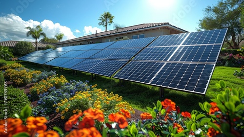 A row of solar panels are installed on the roof of a house