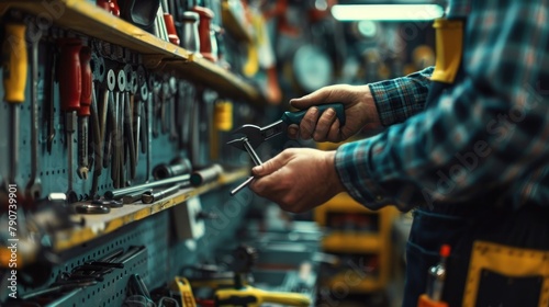 A repairman grabs tools from the shelves of a repair shop