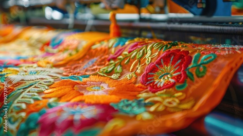 fabric embroidered on a machine in an embroidery and printing factory