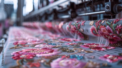 An embroidery machine embroidering fabric in an embroidery factory photo