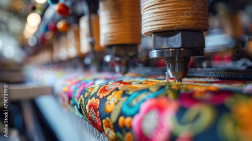 An embroidery machine embroidering fabric in an embroidery factory