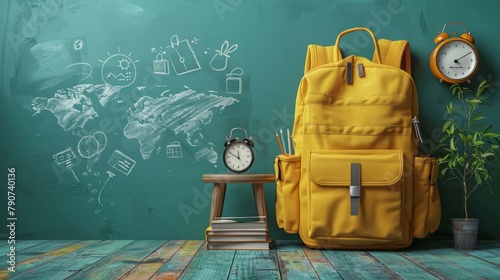 A yellow backpack, books and an alarm clock on the left side with school icons drawn in white chalk behind them on a green background, in the flat lay photography style, stock photo photo