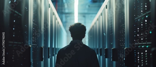 A back view of an IT specialist working on a laptop in a data center next to server racks. The computer is running diagnostics or performing maintenance work. photo
