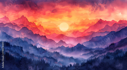 Vivid Vista: Fauvist Watercolor Portrait of Majestic Mountains Aglow in Sunset Splendor