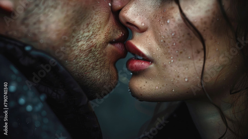 Passionate sensual kiss between a man and a woman, close-up. Cover of a book about love, romantic novel.