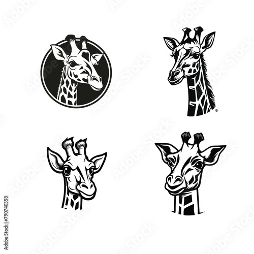 Collection of giraffe logos in flat black isolated on white background