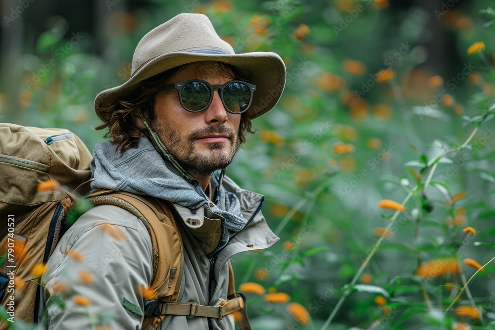 A positive and active traveler treks through the forest, sporting sunglasses and a hat.