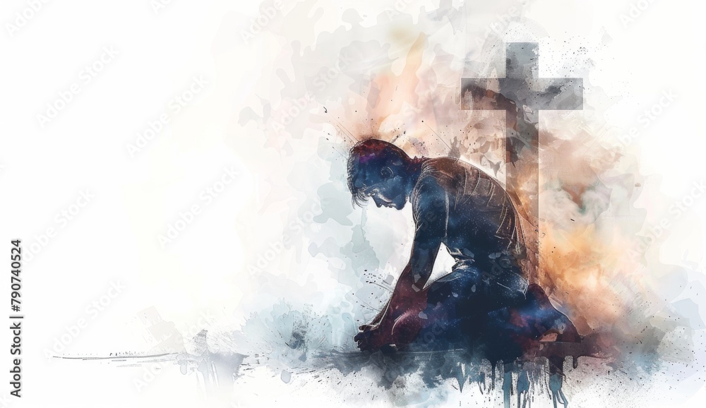 A man kneeling in prayer with the cross behind him, on a white background, in the watercolor style, with soft pastel colors, a detailed illustration