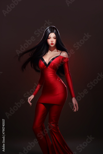 Red-dressed Model Poses with Elegance and Sensuality