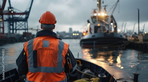 Engineer standing on a boat in the harbor