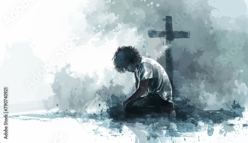 A man kneeling in prayer with the cross behind him, on a white background, in a soft watercolor style, with a dreamy atmosphere, and detailed character design, primarily in white and gray