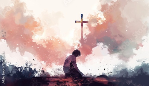 A man kneeling in prayer with the cross above his head, white clouds in the background, in the style of a watercolor illustration with soft colors and neutral tones depicted