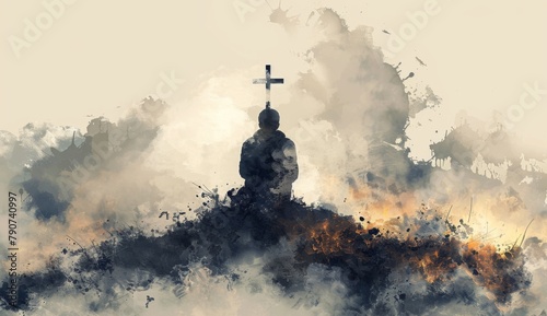 A man kneeling in prayer with the cross above his head, looking at clouds in light grey and beige colors, in the style of watercolor