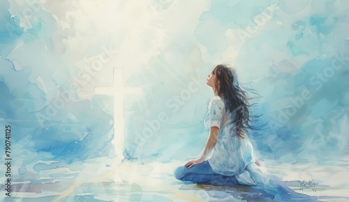 Watercolor painting of beautiful woman kneeling in front of white cross  long hair flowing behind her and light shining down on her from the top left corner  ethereal background with soft blue sky