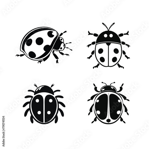 Cute ladybug character set. Vector illustration isolated in black on a white background.