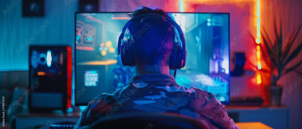 An online gamer plays first-person shooter on his personal computer ...