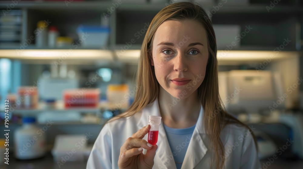 female scientist holds small blood female scientist holds small blood
