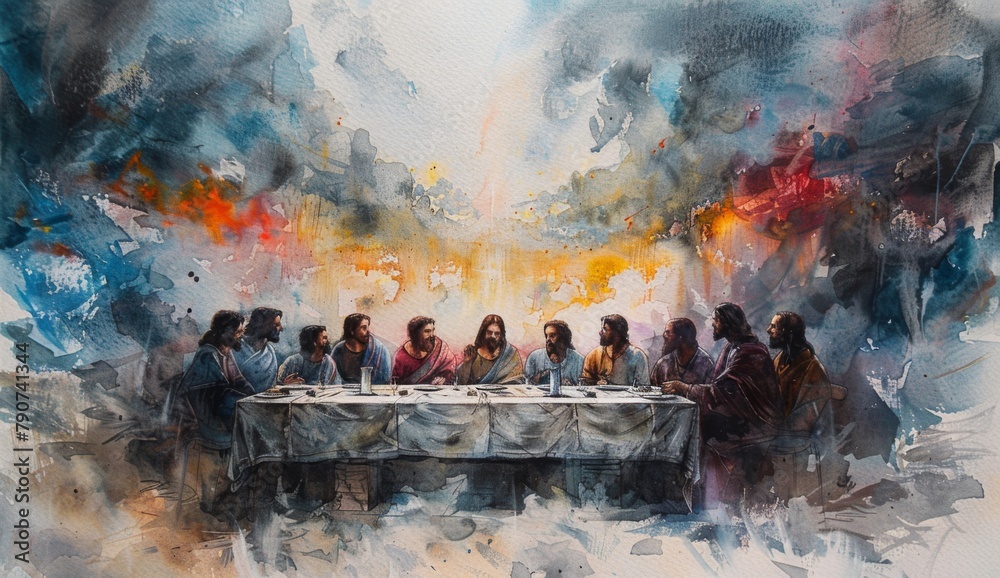 Watercolor painting of the last supper, Jesus and his disciples sitting ...