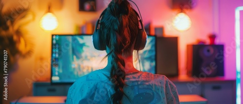 An elegant female professional gamer plays an online video game on her personal computer with a headset. Cute casual geek girl in retro style. Her room is lit by neon lamps.