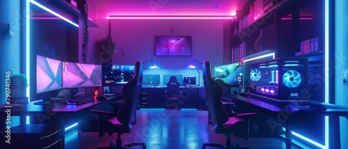 Gaming room with highly powerful computer. Paused first-person shooter game playing on screen. Retro arcade style neon lights. Cyber sport tournament. photo