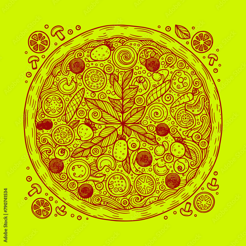food delicious pizza with topping outline vector illustration